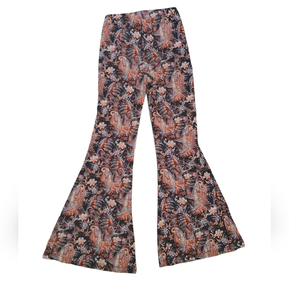 Free People Floral Paisley Bell Bottom Trousers in Black & Rust